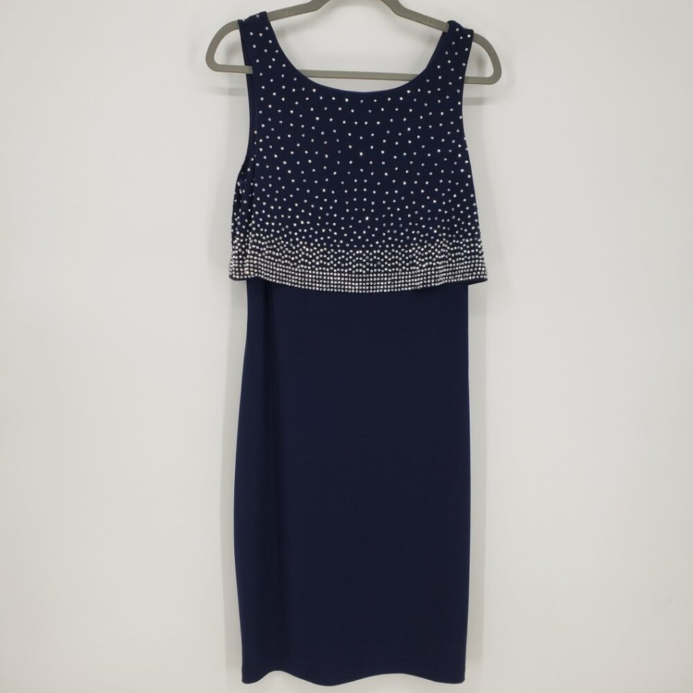 Joseph Ribkoff Embellished Sheath Cocktail Dress 10 Layered Sleeveless Navy Blue